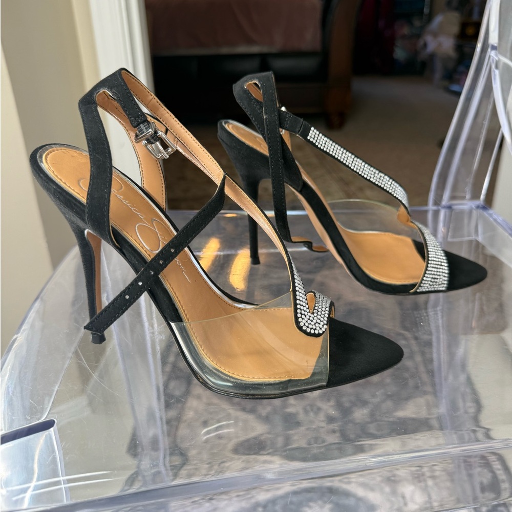 Jessica Simpson Black and Silver Strappy Heels one crystal missing - Picture 3 of 11